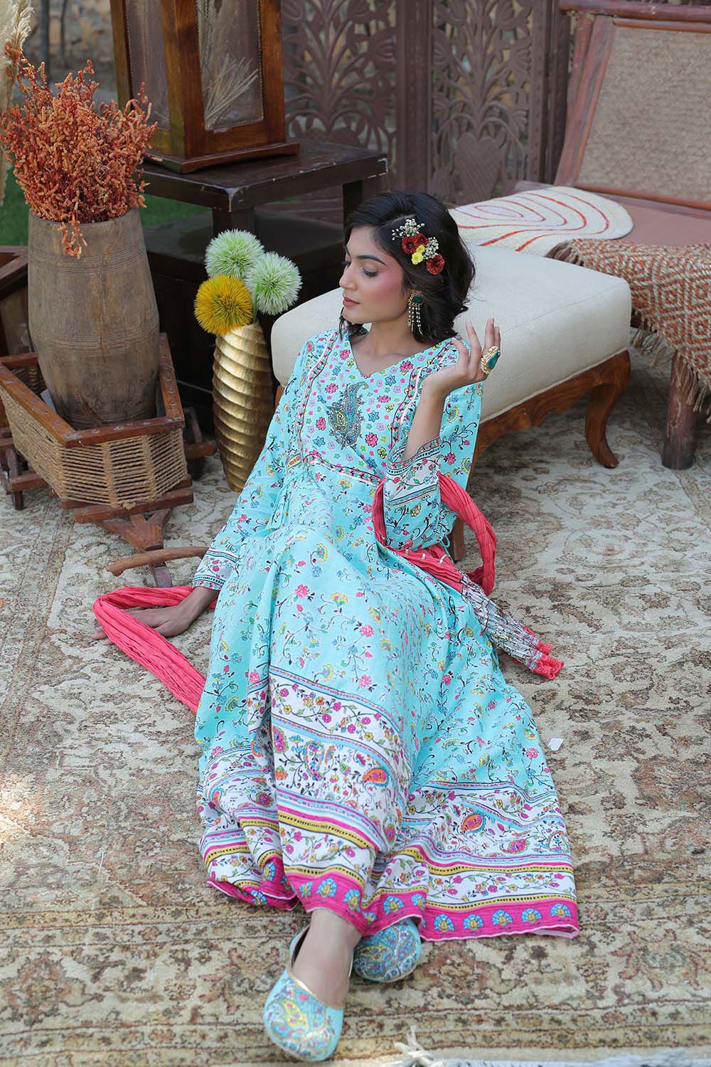 Juniper Aqua Floral Printed Anarkali Lacy Dress & Contrast Dupatta With Side Dori Tie-Up & Tassels At Waist