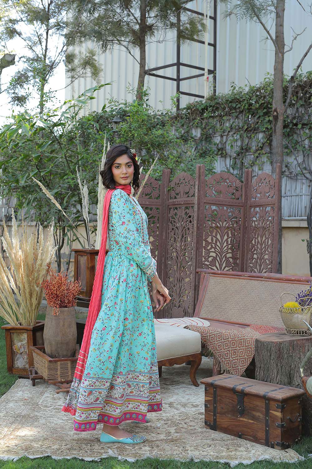Juniper Aqua Floral Printed Anarkali Lacy Dress & Contrast Dupatta With Side Dori Tie-Up & Tassels At Waist