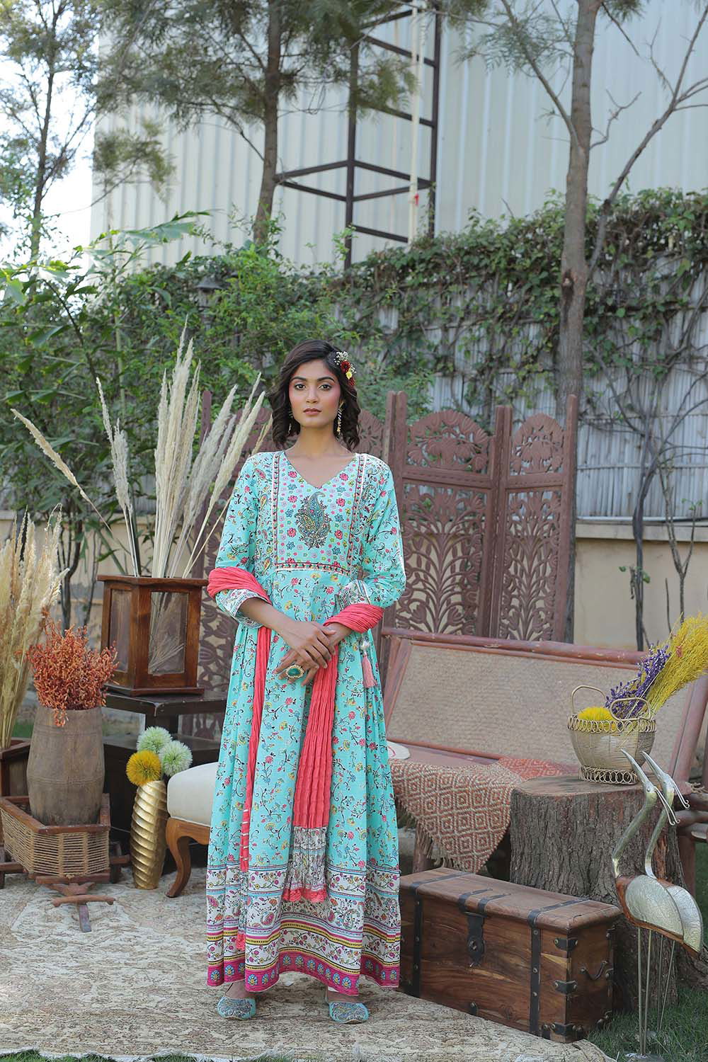 Juniper Aqua Floral Printed Anarkali Lacy Dress & Contrast Dupatta With Side Dori Tie-Up & Tassels At Waist