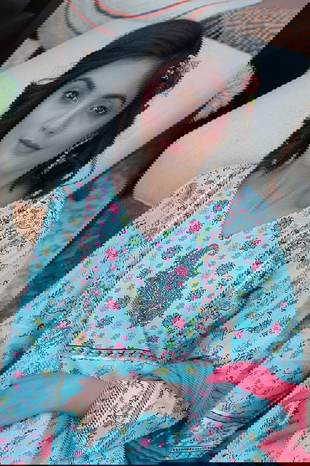 Juniper Aqua Floral Printed Anarkali Lacy Dress & Contrast Dupatta With Side Dori Tie-Up & Tassels At Waist
