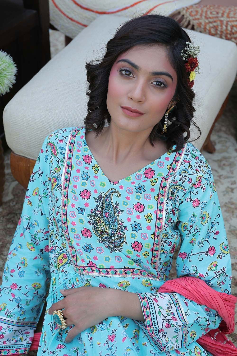 Juniper Aqua Floral Printed Anarkali Lacy Dress & Contrast Dupatta With Side Dori Tie-Up & Tassels At Waist