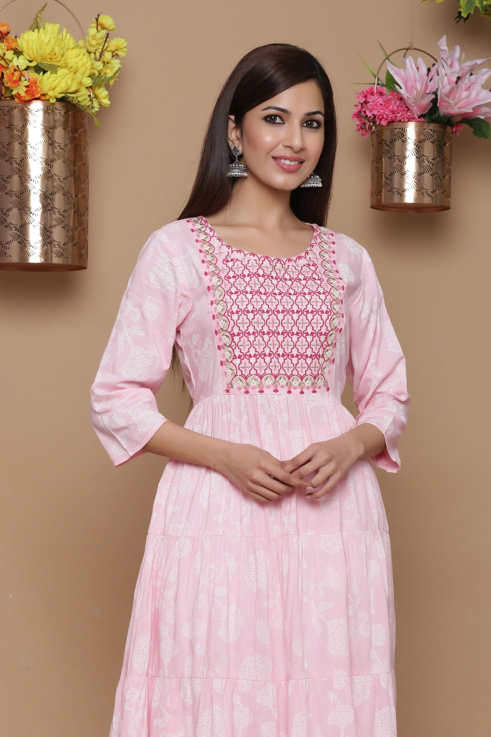 Juniper Baby Pink Ethnic Motif Printed Rayon Tiered Maxi Dress With Mirror Work Embroidery