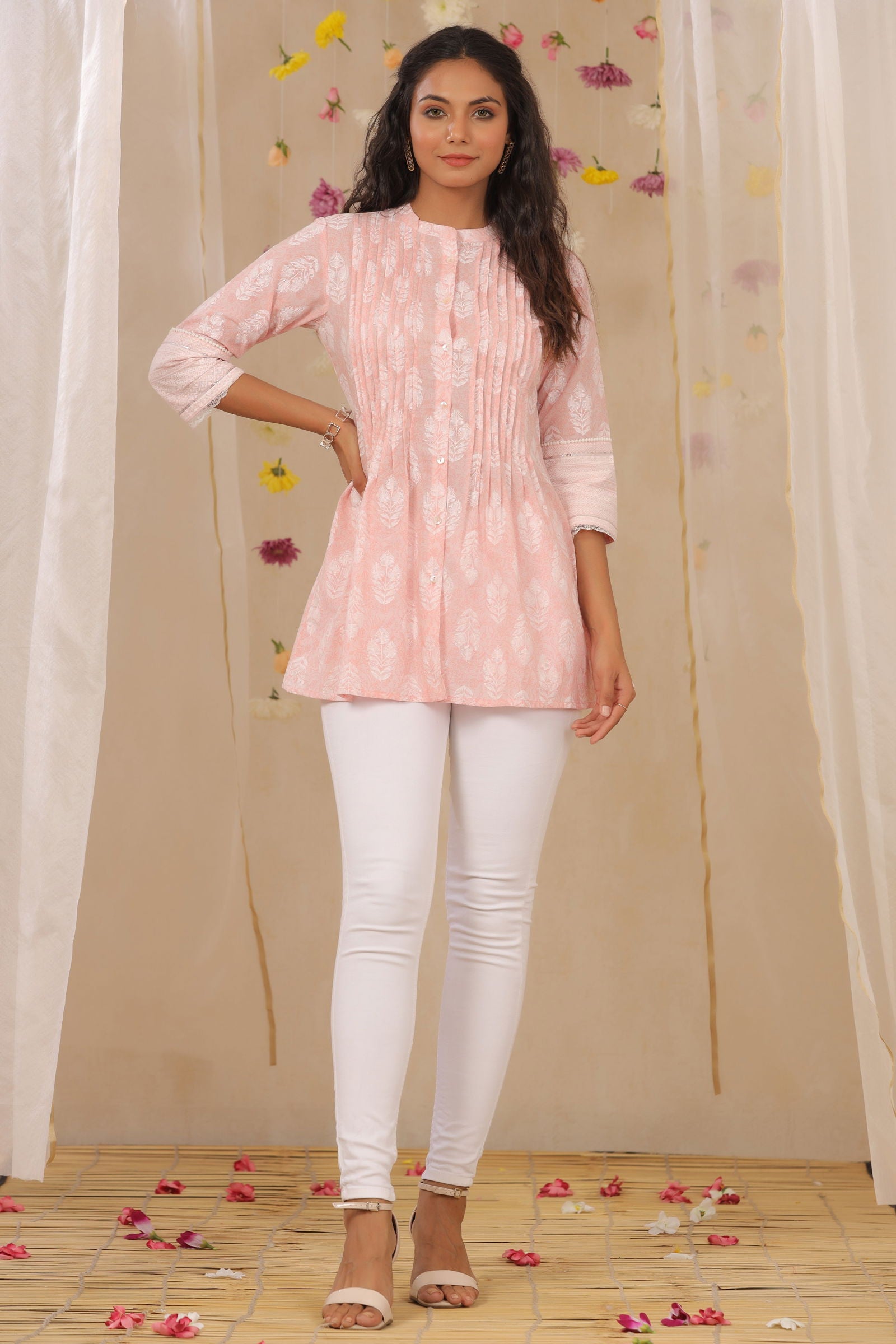Juniper Babypink Cambric Printed A-Line Tunic