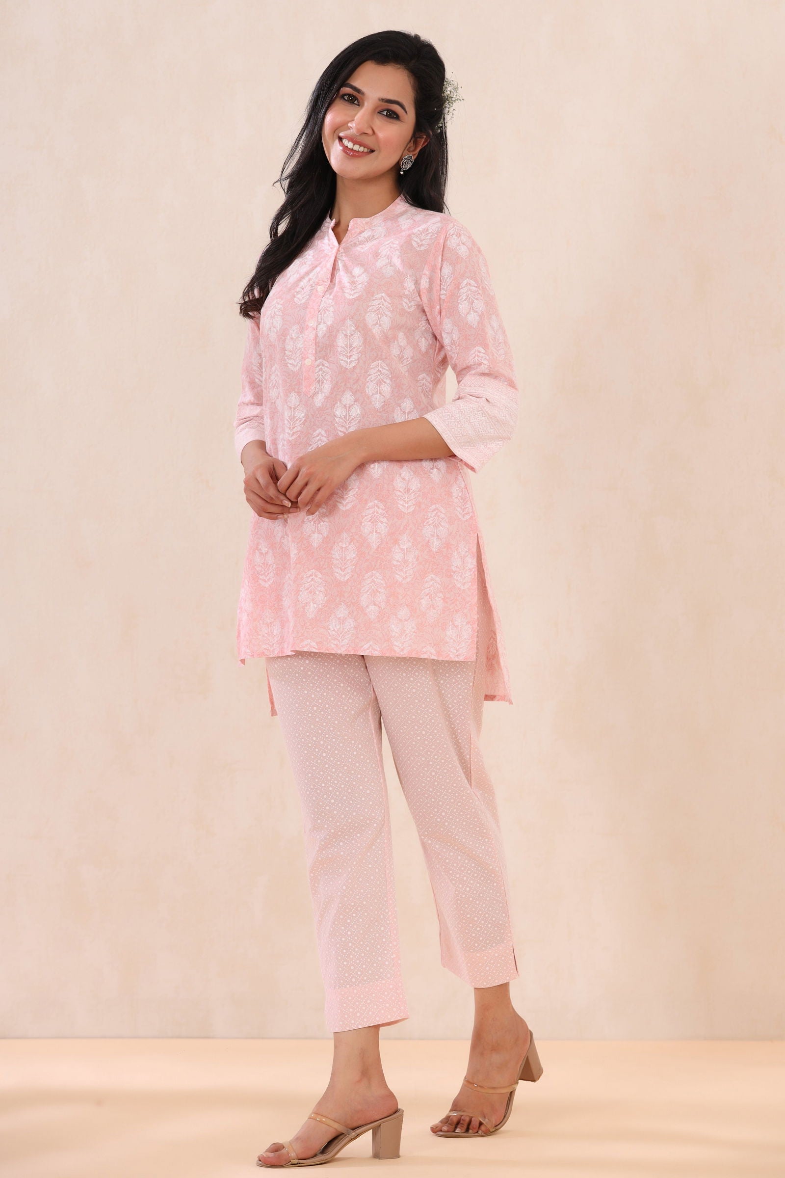 Juniper Babypink Cambric Printed High-Low Kurta Pant Set