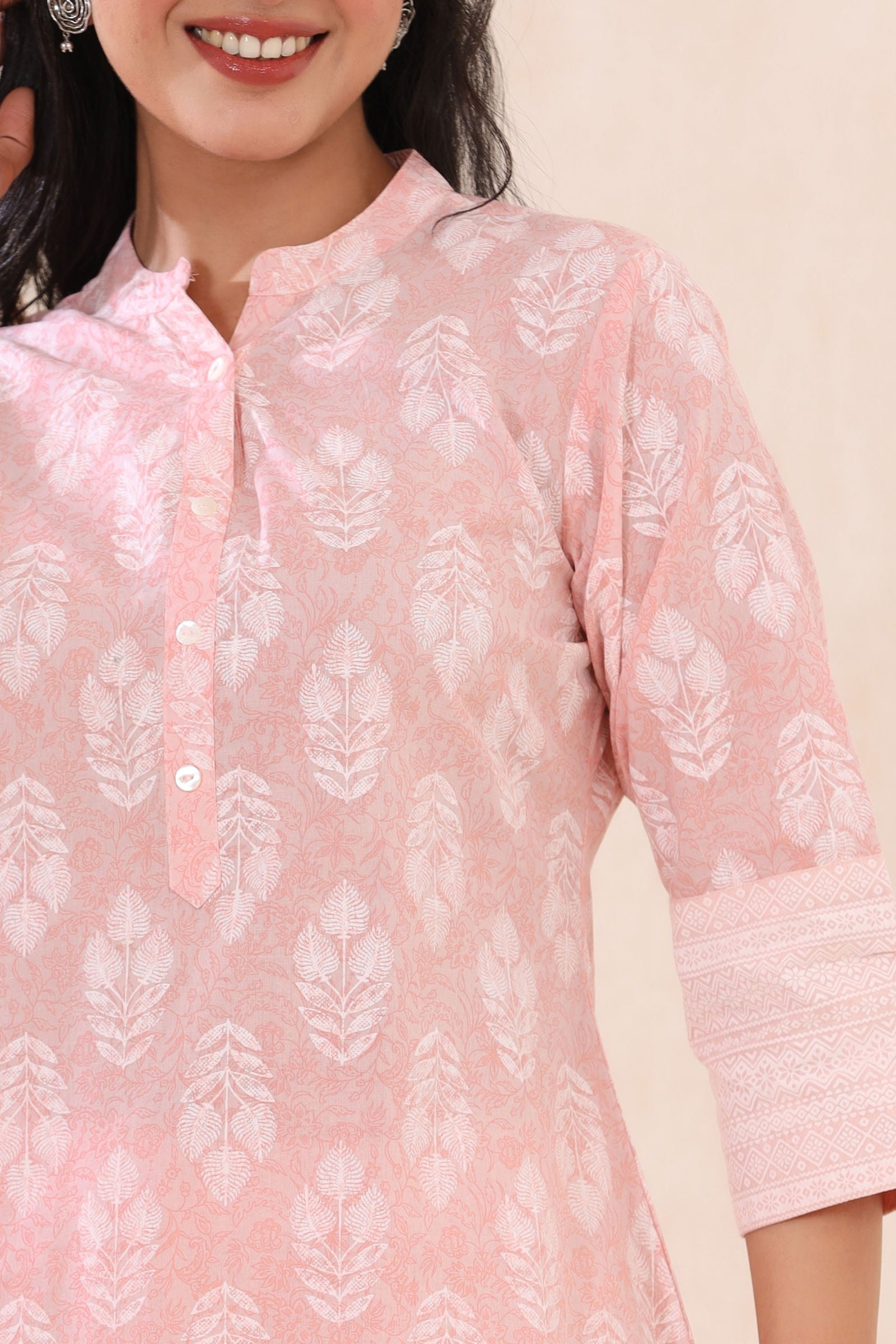 Juniper Babypink Cambric Printed High-Low Kurta Pant Set