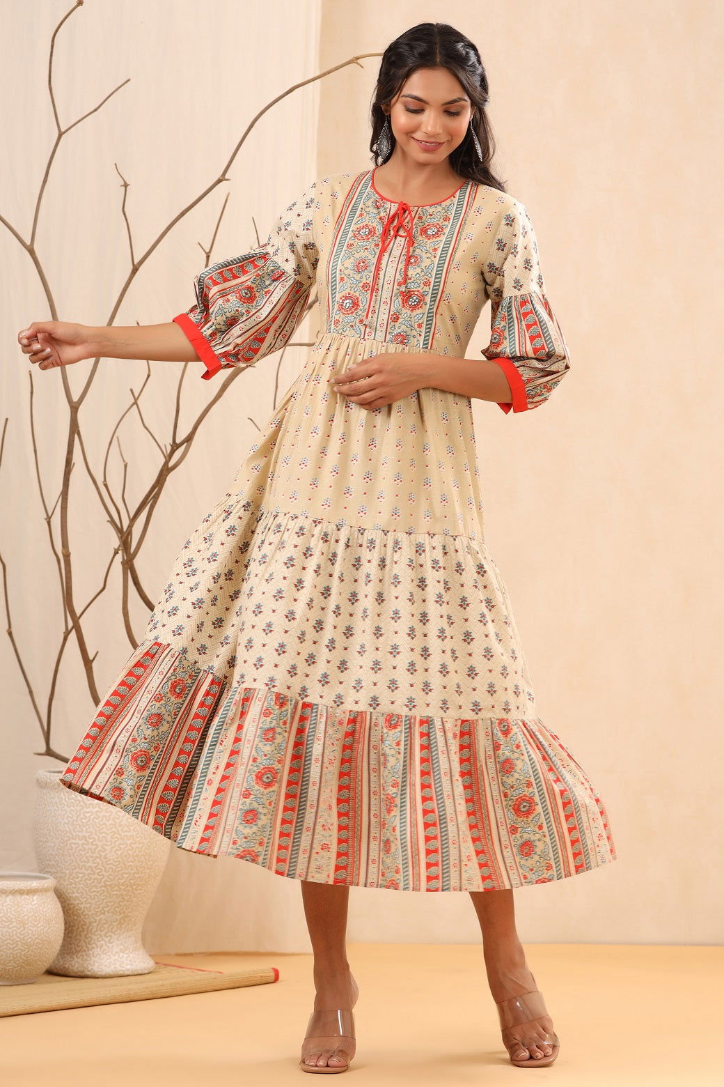 Juniper Beige Cambric Festive Printed Tiered Long Dress For Women