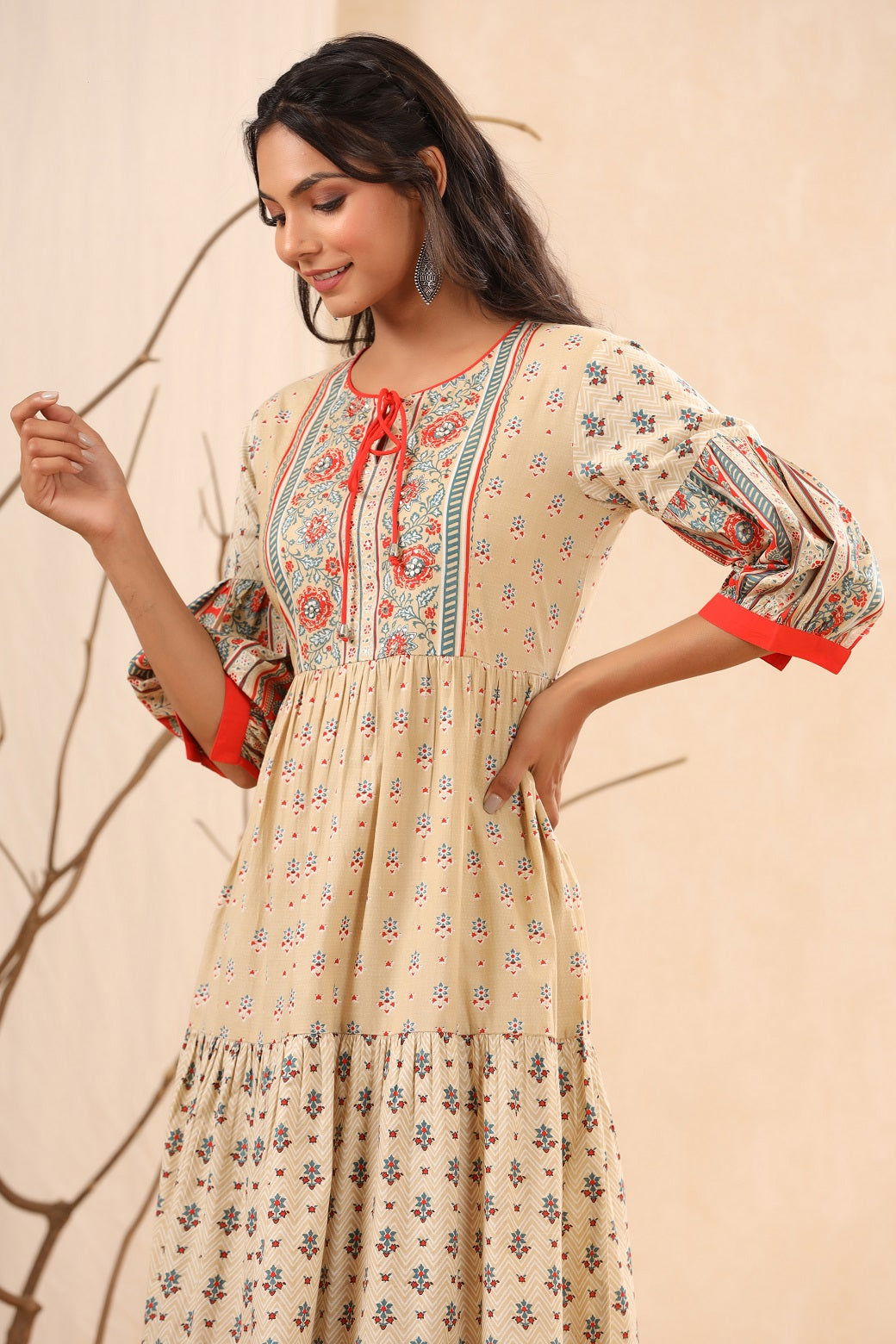 Juniper Beige Cambric Festive Printed Tiered Long Dress For Women