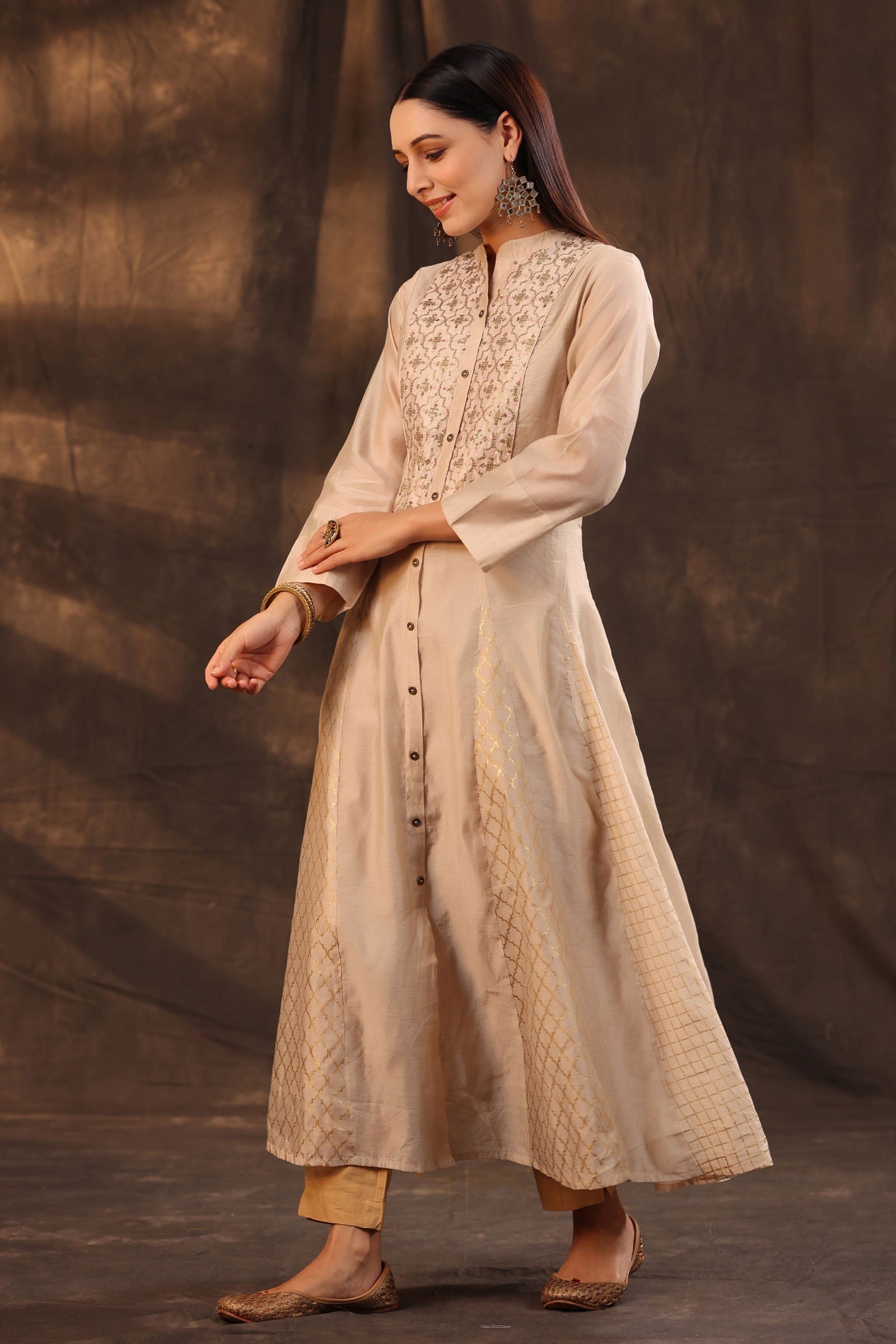 Juniper Beige Chanderi Embellished Layered Anarkali Kurta