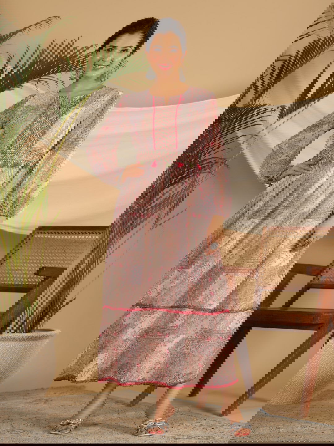 Juniper Beige Chiffon Ethnic Motif Printed Fit & Flare Maxi Dress With Embroidered Belt Kaudis & Tassels