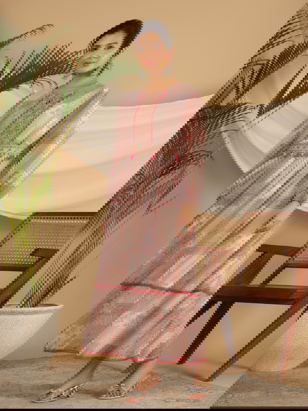 Juniper Beige Chiffon Ethnic Motif Printed Fit & Flare Maxi Dress With Embroidered Belt Kaudis & Tassels