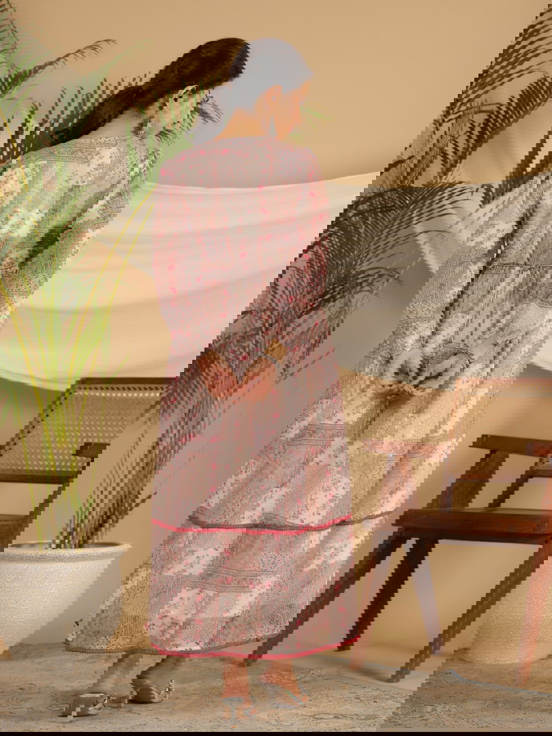 Juniper Beige Chiffon Ethnic Motif Printed Fit & Flare Maxi Dress With Embroidered Belt Kaudis & Tassels