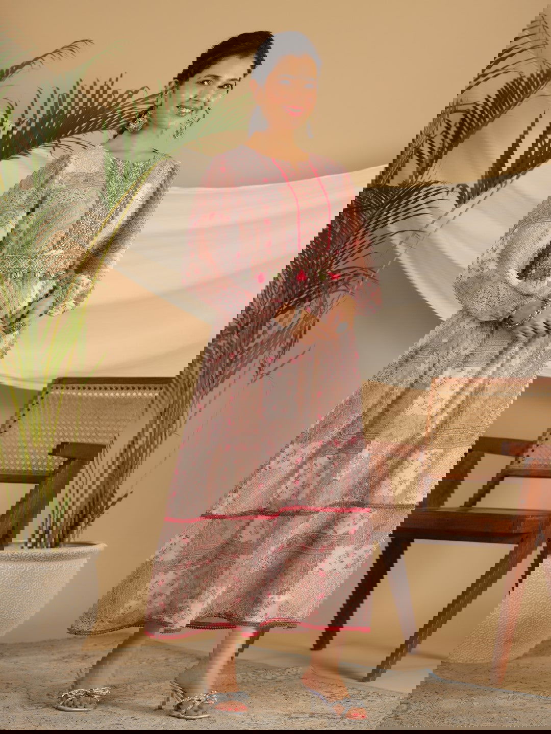 Juniper Beige Chiffon Ethnic Motif Printed Fit & Flare Maxi Dress With Embroidered Belt Kaudis & Tassels