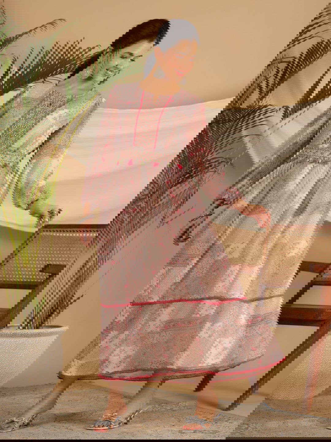 Juniper Beige Chiffon Ethnic Motif Printed Fit & Flare Maxi Dress With Embroidered Belt Kaudis & Tassels