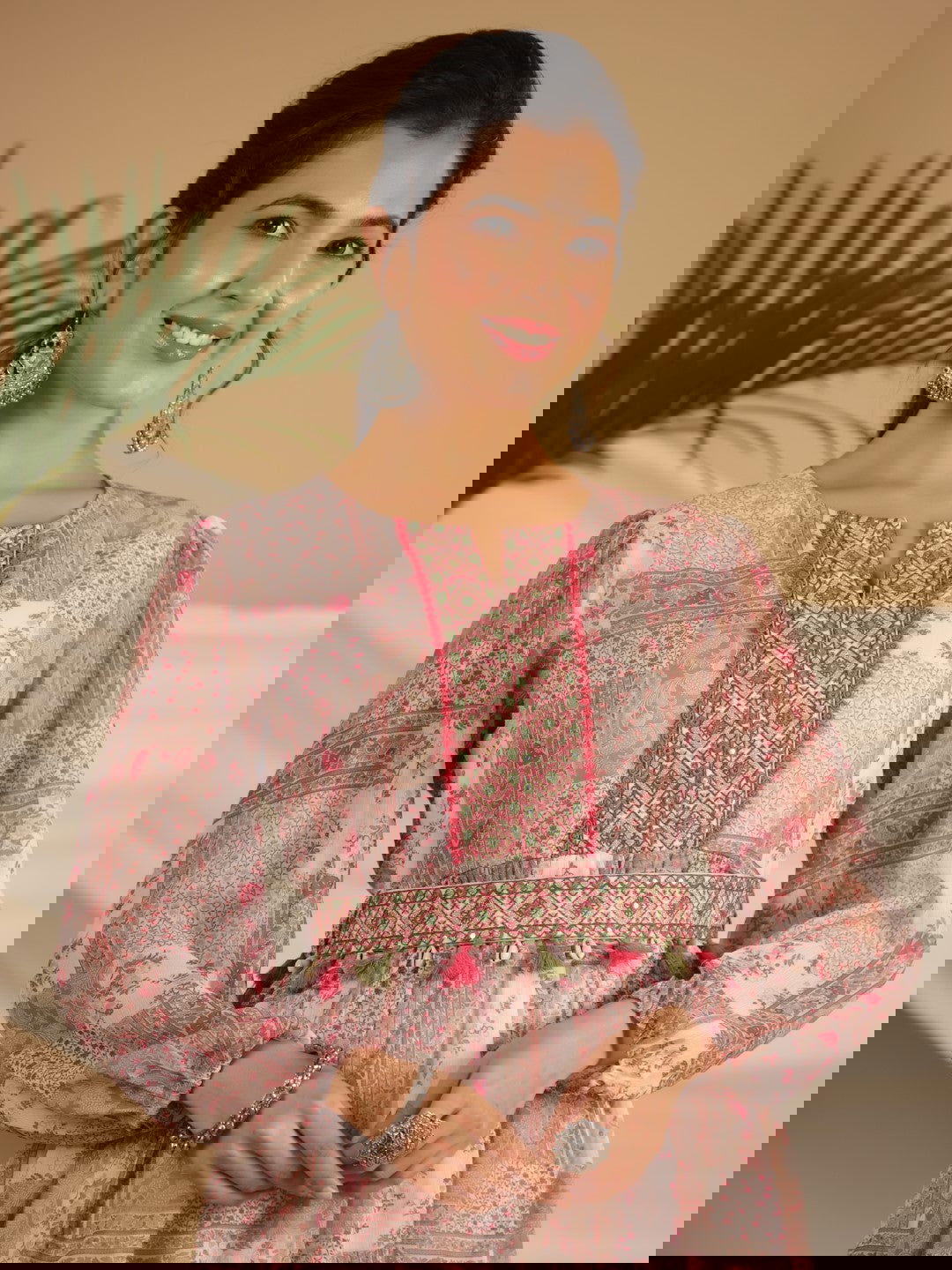 Juniper Beige Chiffon Ethnic Motif Printed Fit & Flare Maxi Dress With Embroidered Belt Kaudis & Tassels