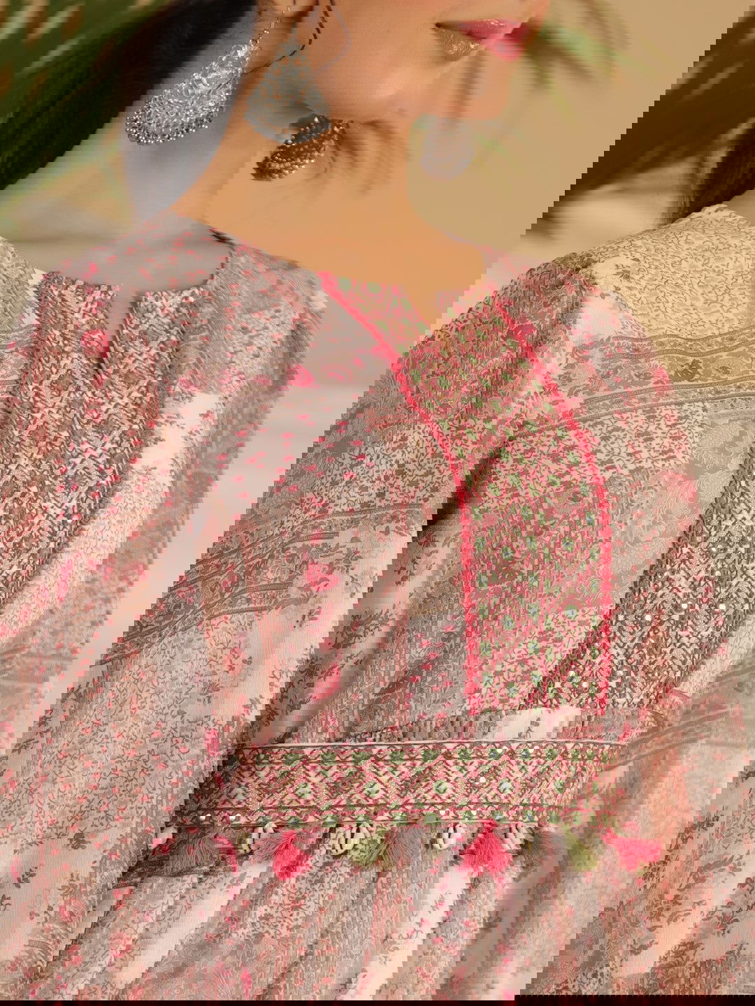 Juniper Beige Chiffon Ethnic Motif Printed Fit & Flare Maxi Dress With Embroidered Belt Kaudis & Tassels