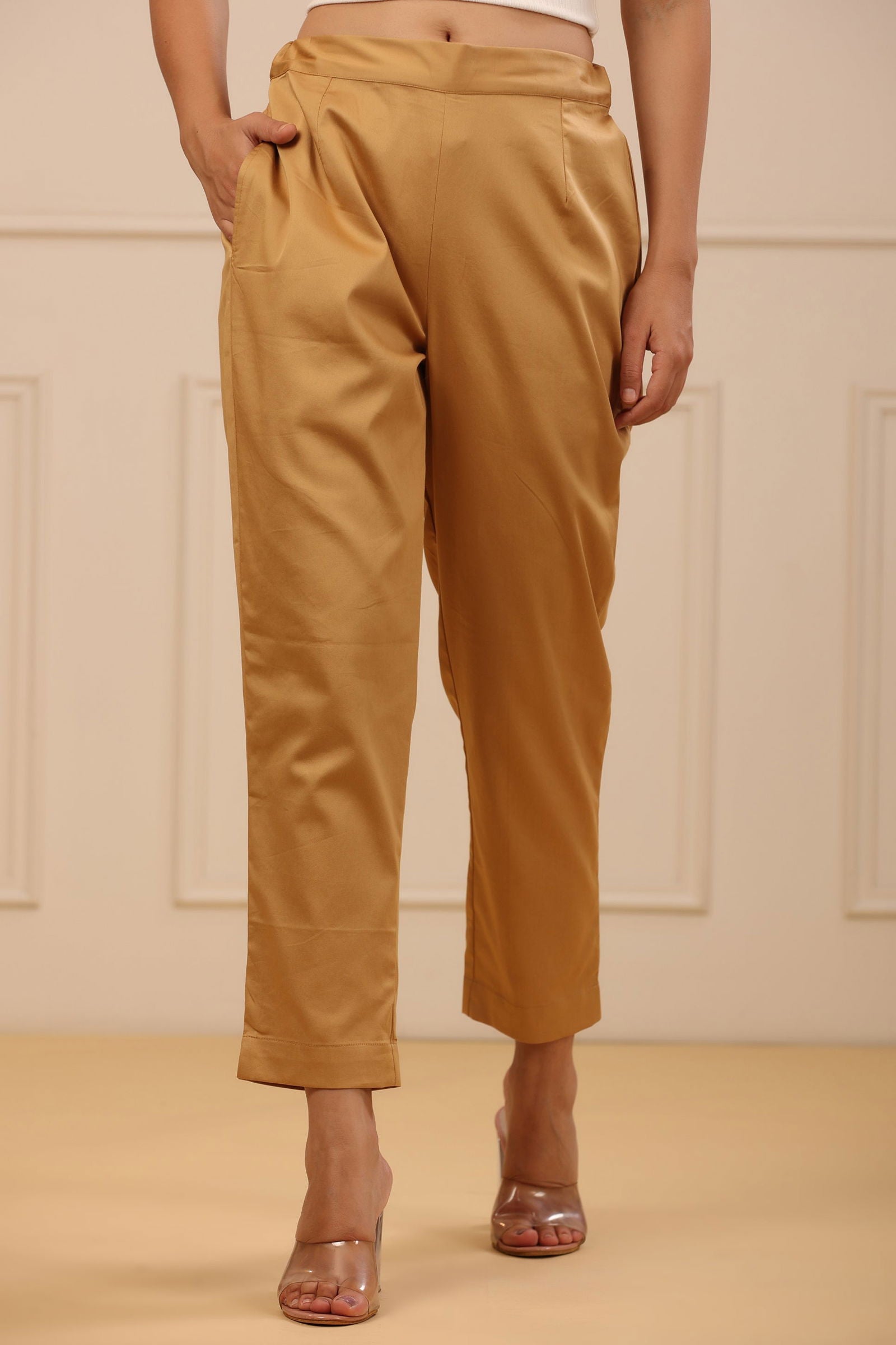 Juniper Beige Cotton Solid Slim Fit Pants With Partially Elasticated Waistband