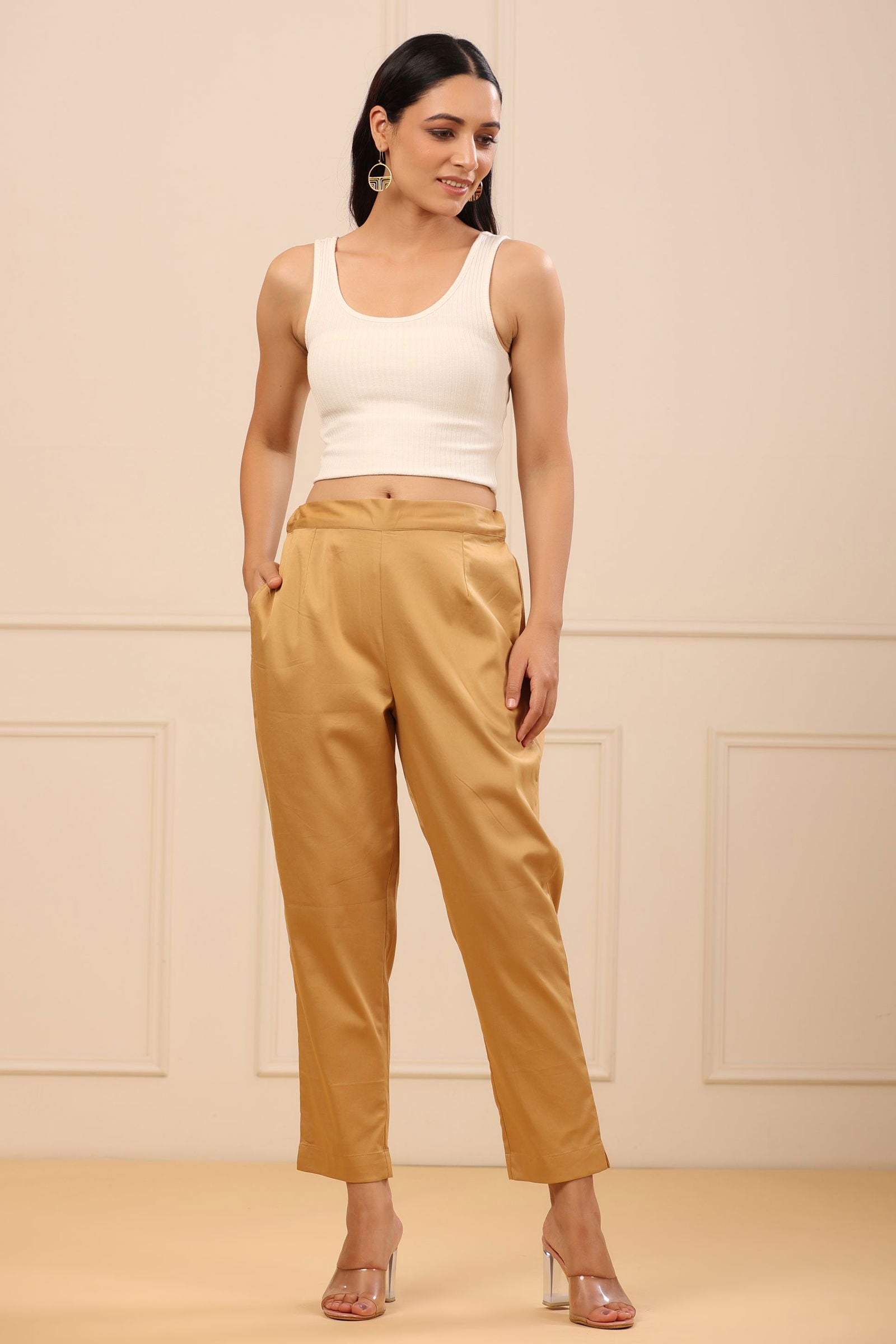 Juniper Beige Cotton Solid Slim Fit Pants With Partially Elasticated Waistband