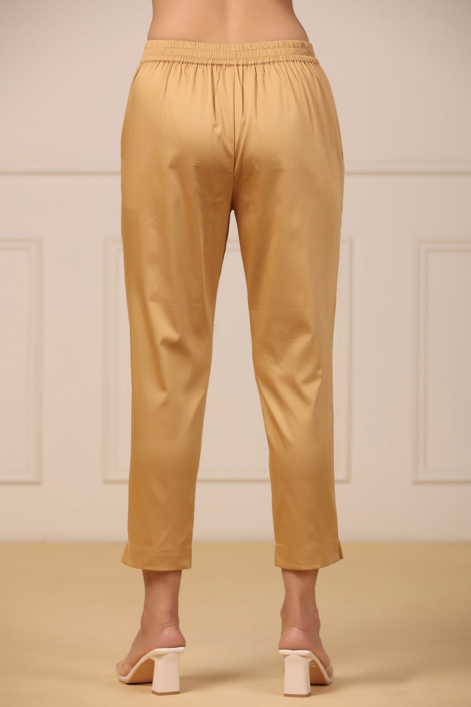 Juniper Beige Cotton Solid Slim Fit Pants With Partially Elasticated Waistband