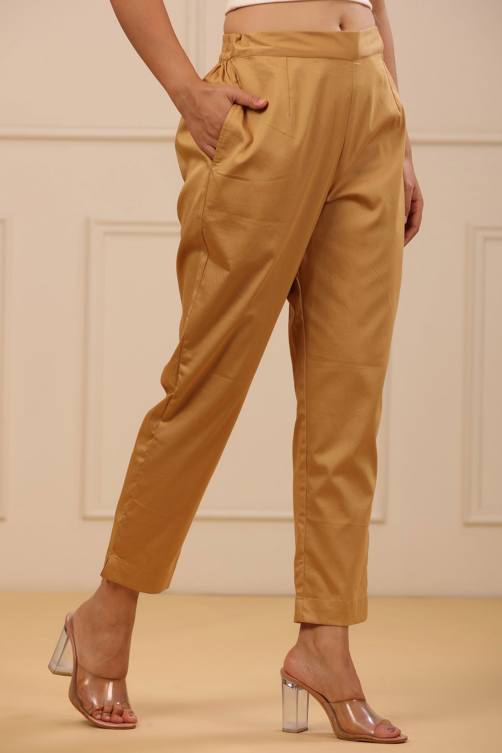 Juniper Beige Cotton Solid Slim Fit Pants With Partially Elasticated Waistband