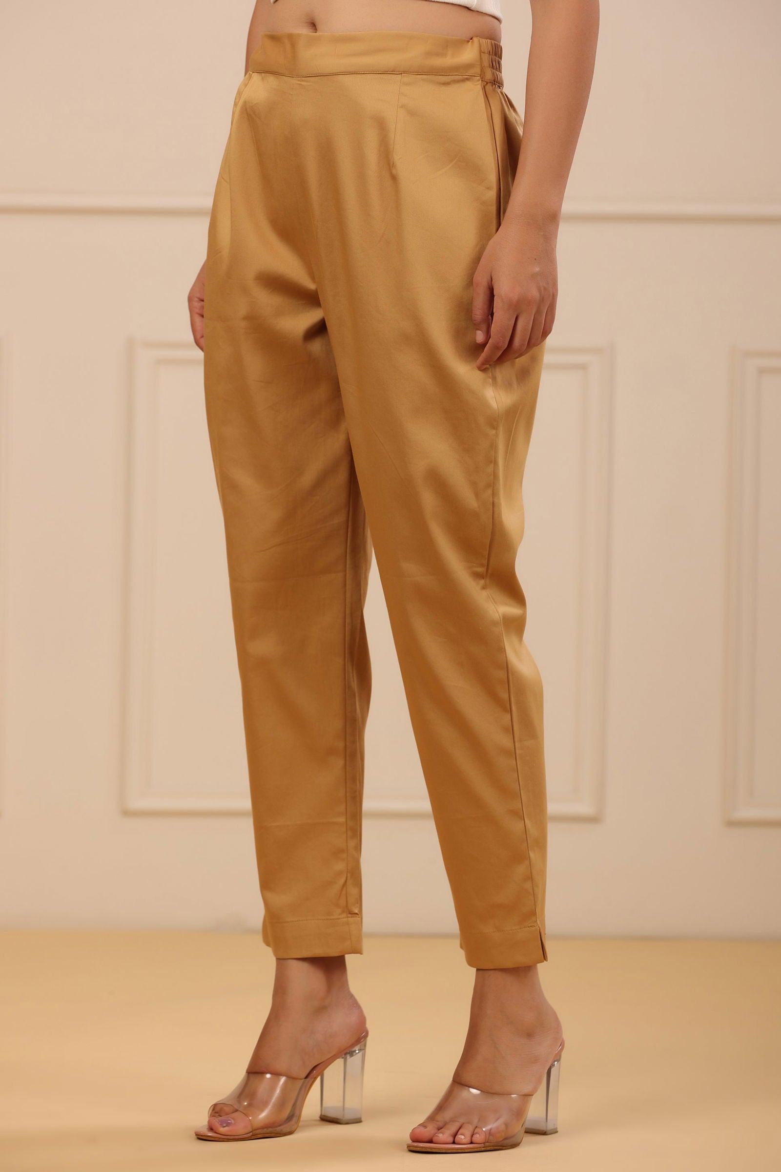 Juniper Beige Cotton Solid Slim Fit Pants With Partially Elasticated Waistband