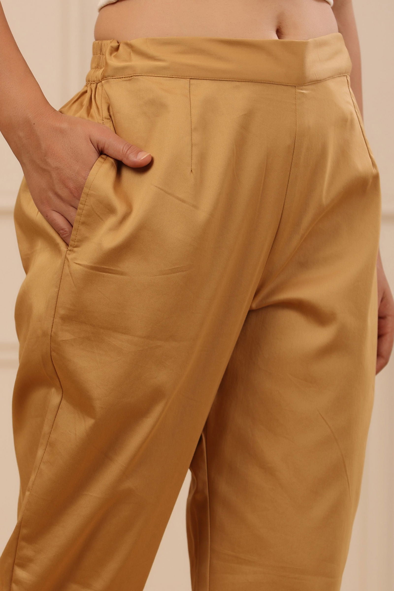 Juniper Beige Cotton Solid Slim Fit Pants With Partially Elasticated Waistband