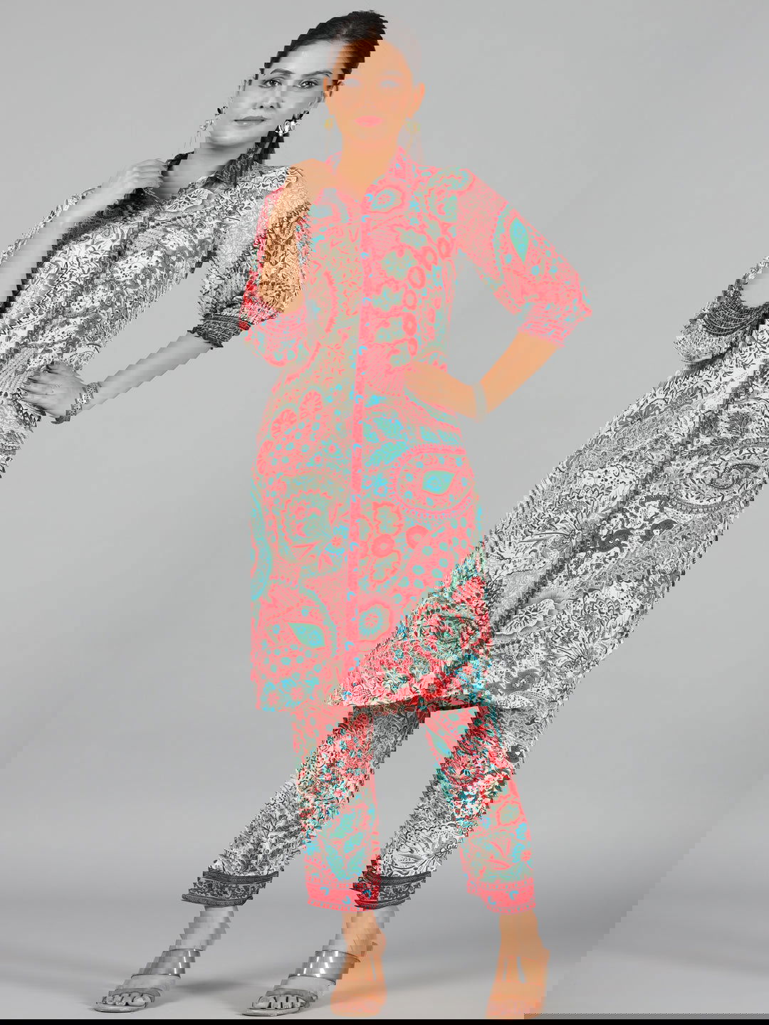 Juniper Beige Ethnic Motif Kasturi Silk Tunic & Pants With Sequins Work