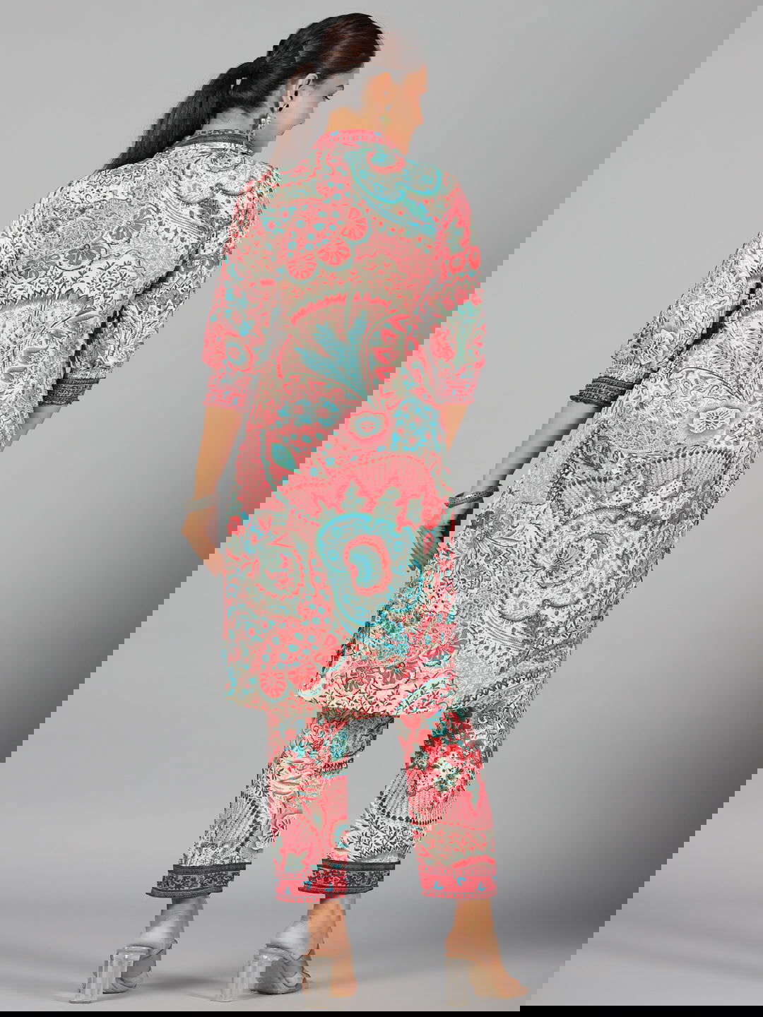 Juniper Beige Ethnic Motif Kasturi Silk Tunic & Pants With Sequins Work