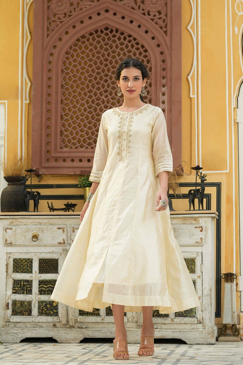 Juniper Beige Ethnic Motif Printed Chanderi Kalidar Kurta With Zari Work Embroidery