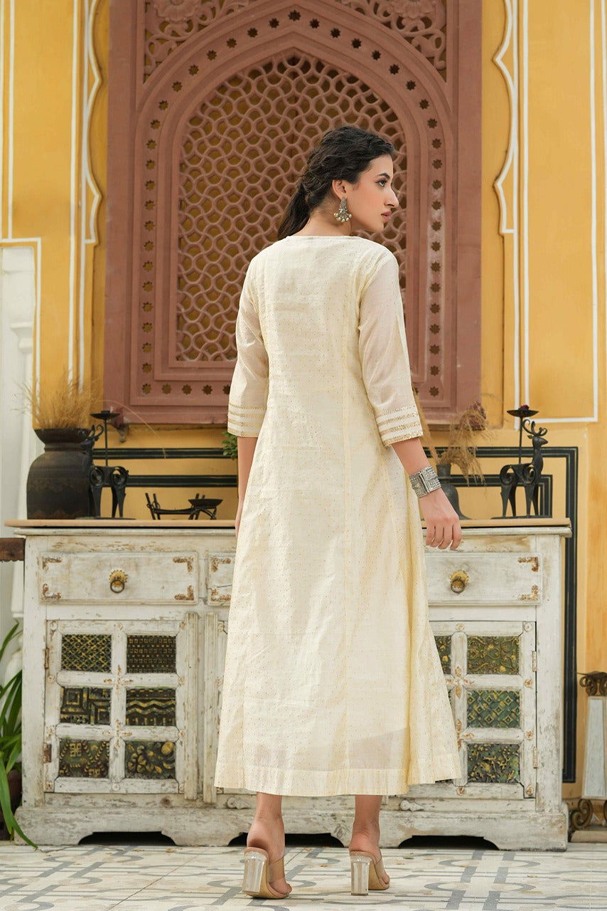 Juniper Beige Ethnic Motif Printed Chanderi Kalidar Kurta With Zari Work Embroidery