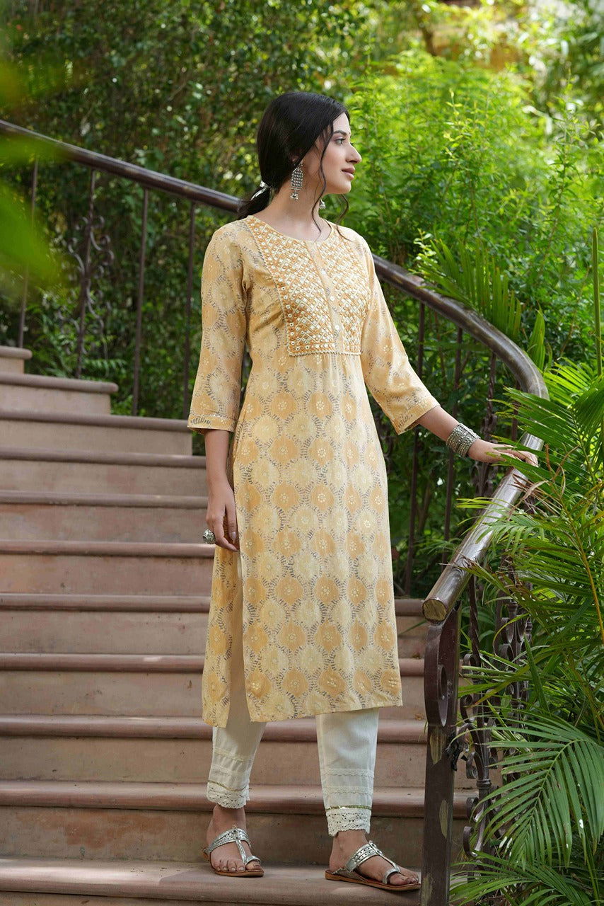 Juniper Beige Ethnic Motif Printed & Embroidered Muslin Kurta