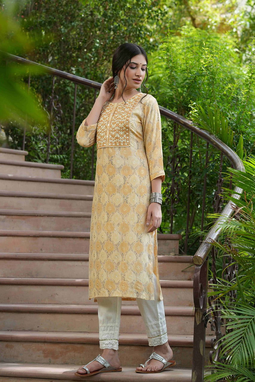 Juniper Beige Ethnic Motif Printed & Embroidered Muslin Kurta