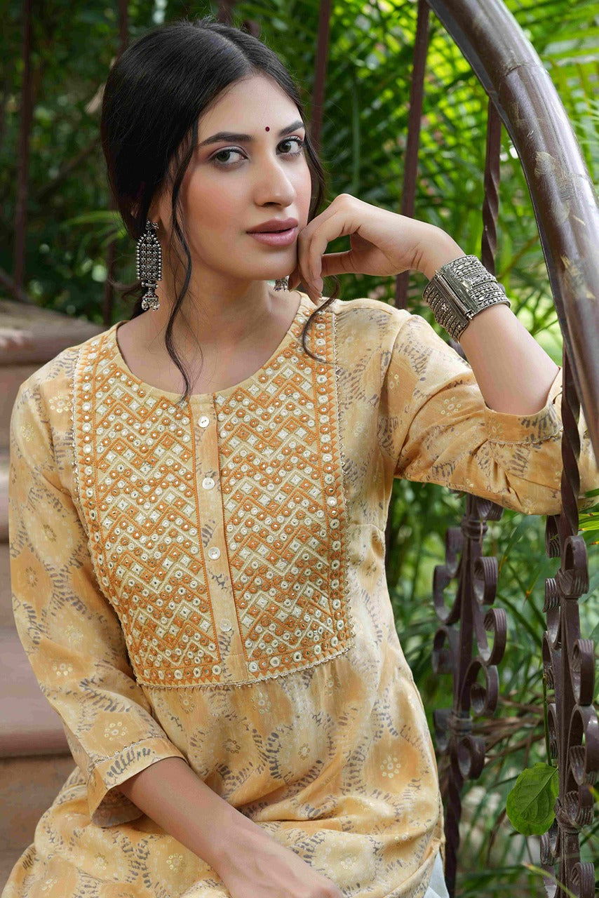 Juniper Beige Ethnic Motif Printed & Embroidered Muslin Kurta