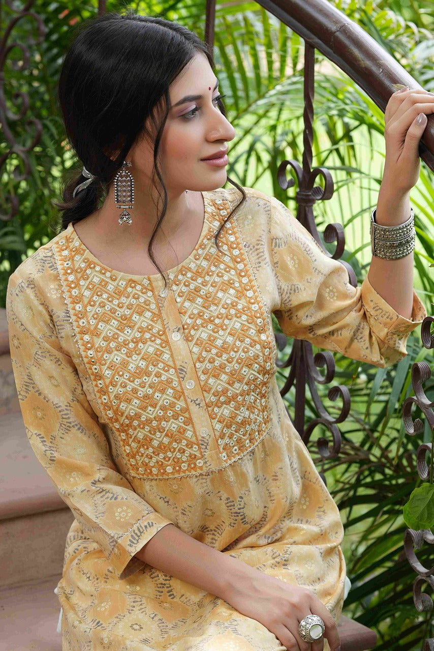 Juniper Beige Ethnic Motif Printed & Embroidered Muslin Kurta