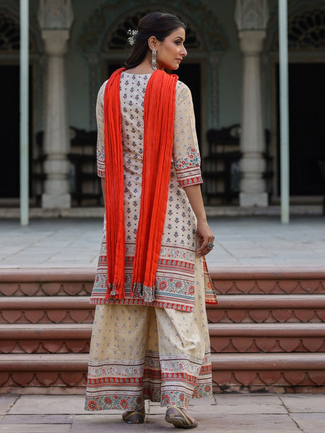Juniper Beige Ethnic Motif Printed Pure Cotton Kurta Sharara & Dupatta Set.