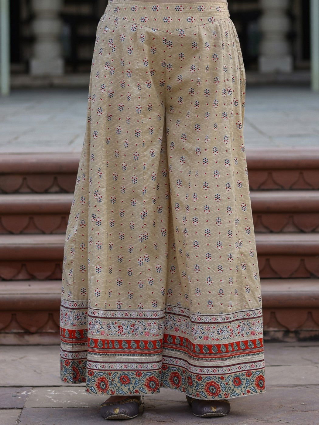 Juniper Beige Ethnic Motif Printed Pure Cotton Kurta Sharara & Dupatta Set.
