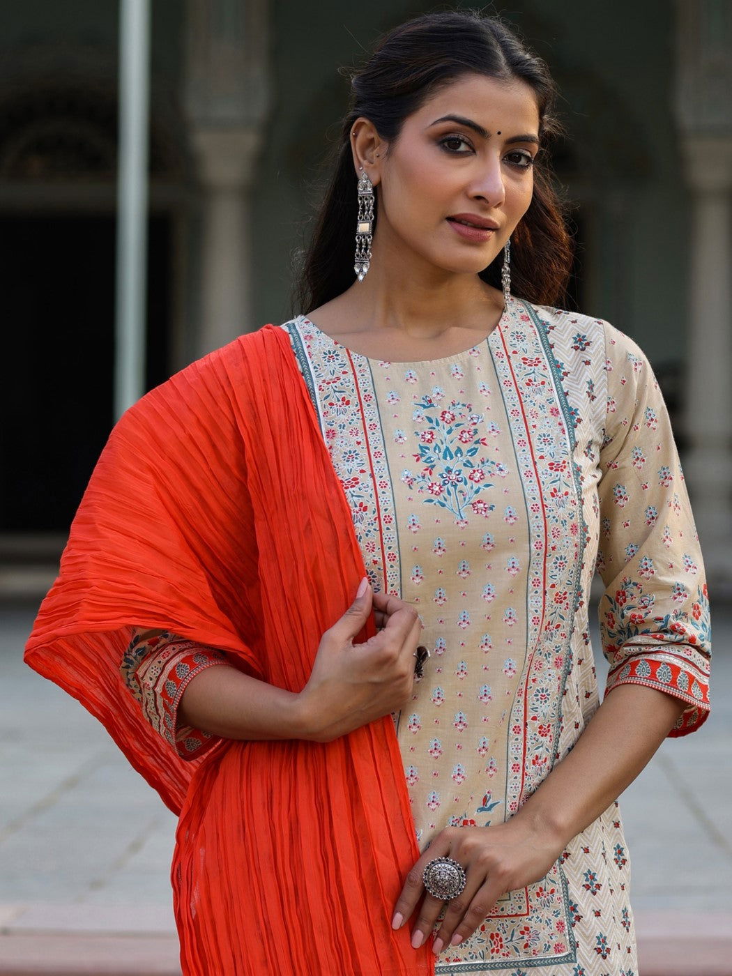 Juniper Beige Ethnic Motif Printed Pure Cotton Kurta Sharara & Dupatta Set.