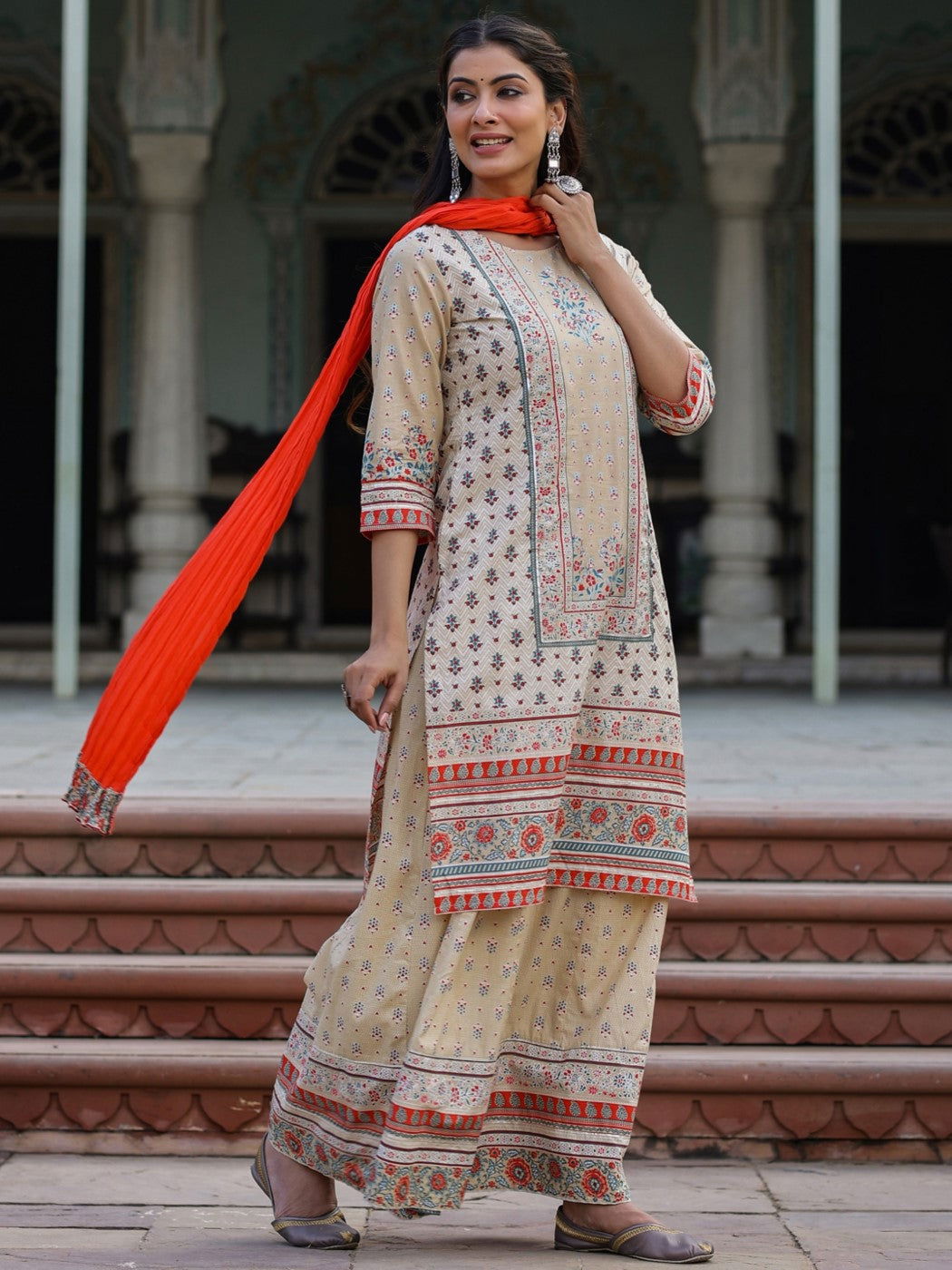 Juniper Beige Ethnic Motif Printed Pure Cotton Kurta Sharara & Dupatta Set.