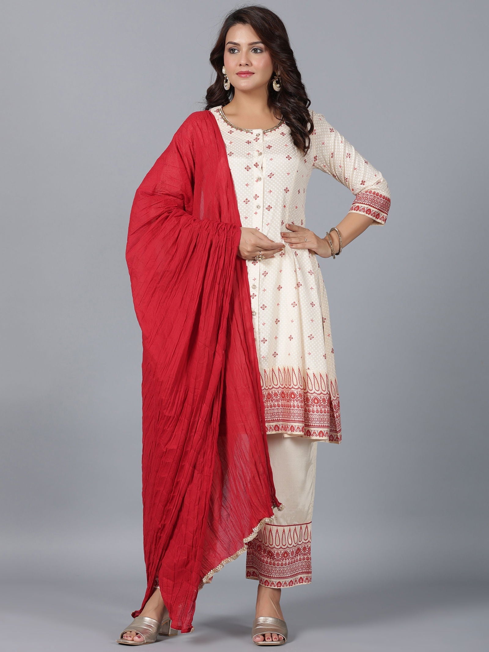 Juniper Beige Ethnic Motif Printed Viscose Shantoon Kurta, Pants & Dupatta Set With Beads & Sequins
