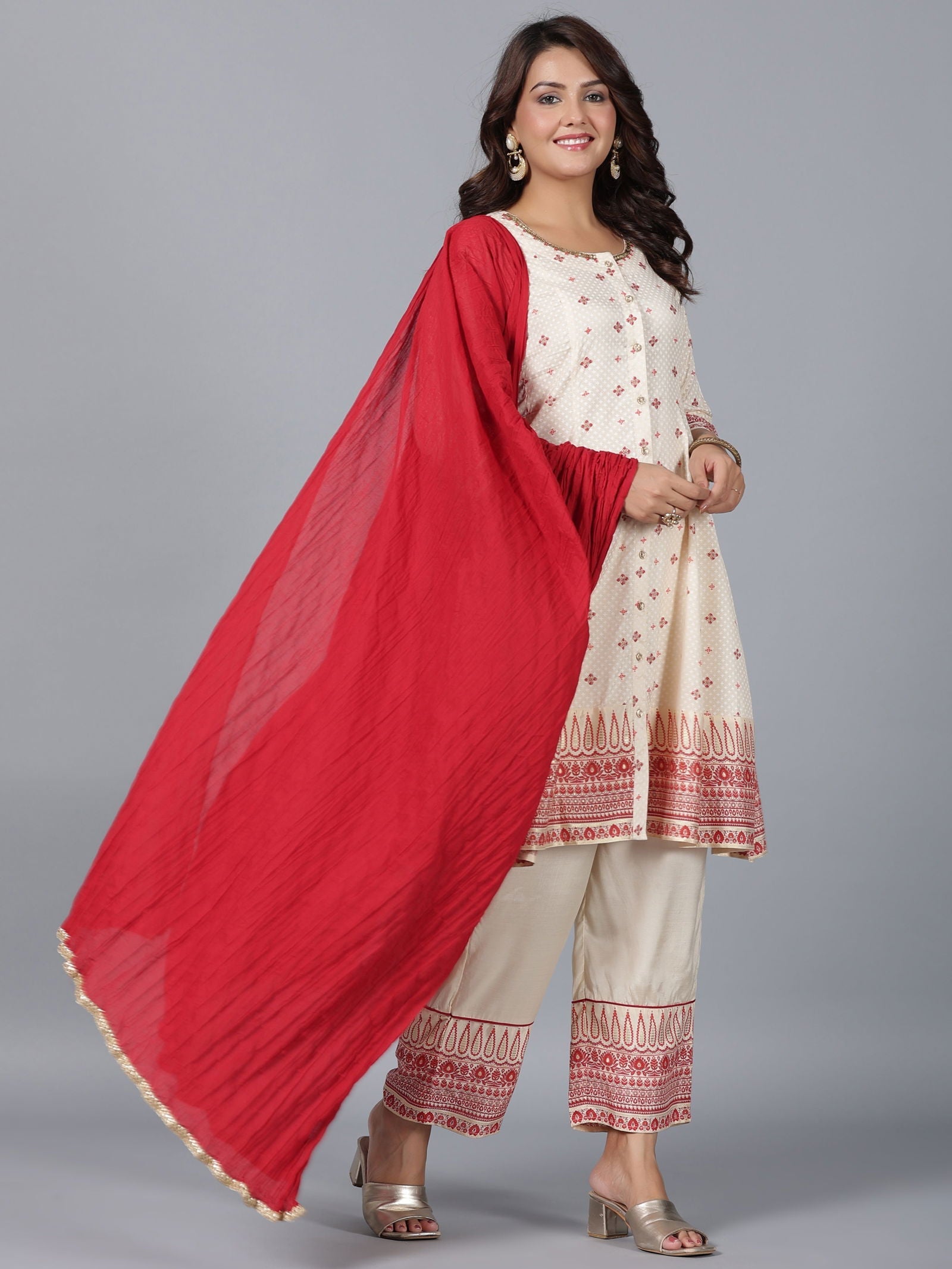 Juniper Beige Ethnic Motif Printed Viscose Shantoon Kurta, Pants & Dupatta Set With Beads & Sequins