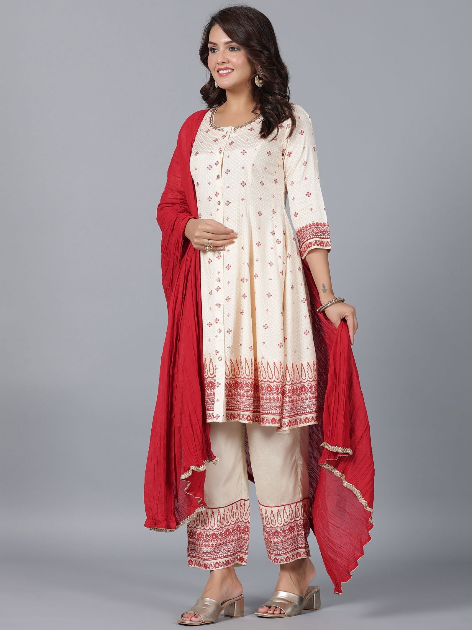 Juniper Beige Ethnic Motif Printed Viscose Shantoon Kurta, Pants & Dupatta Set With Beads & Sequins