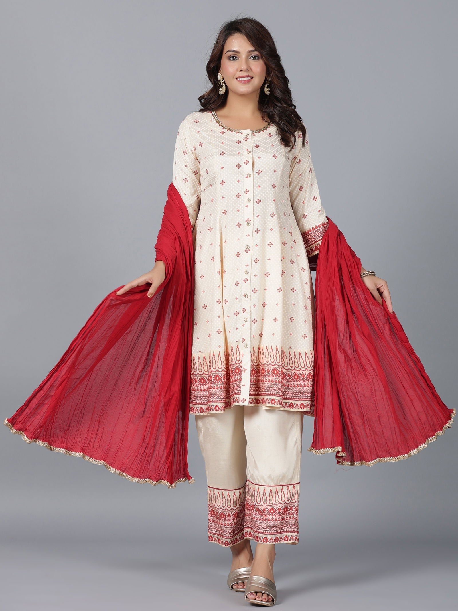 Juniper Beige Ethnic Motif Printed Viscose Shantoon Kurta, Pants & Dupatta Set With Beads & Sequins
