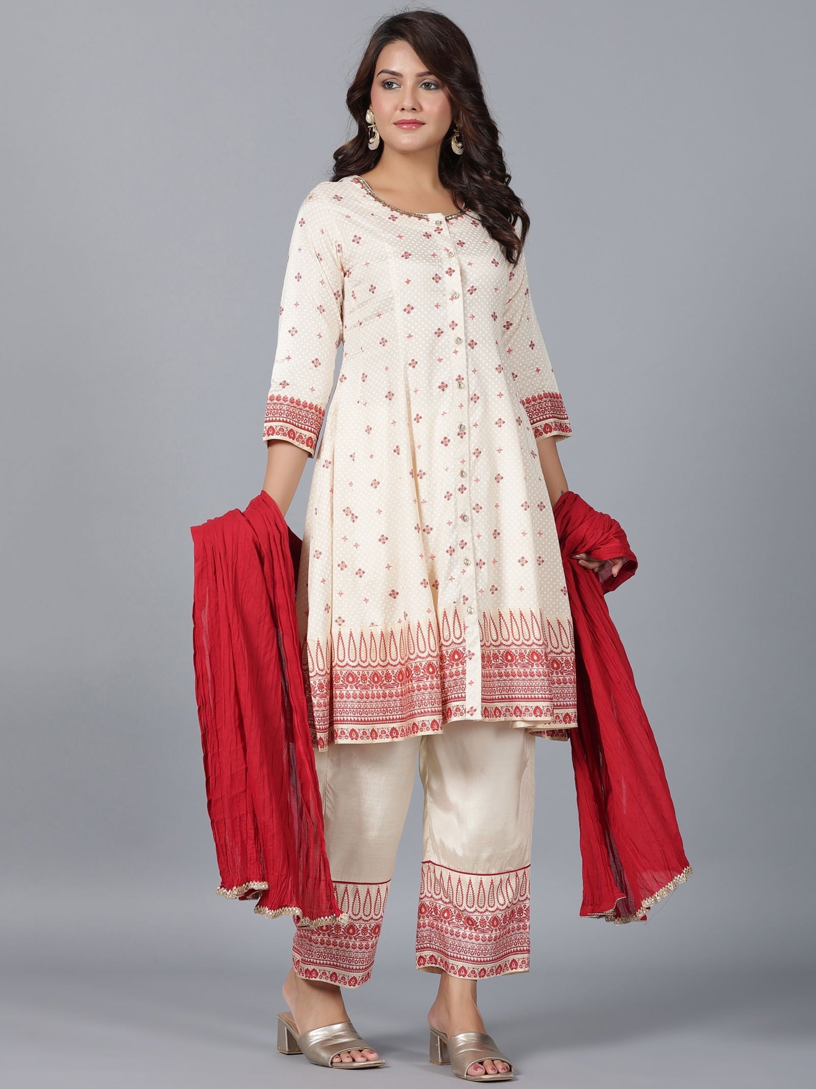 Juniper Beige Ethnic Motif Printed Viscose Shantoon Kurta, Pants & Dupatta Set With Beads & Sequins