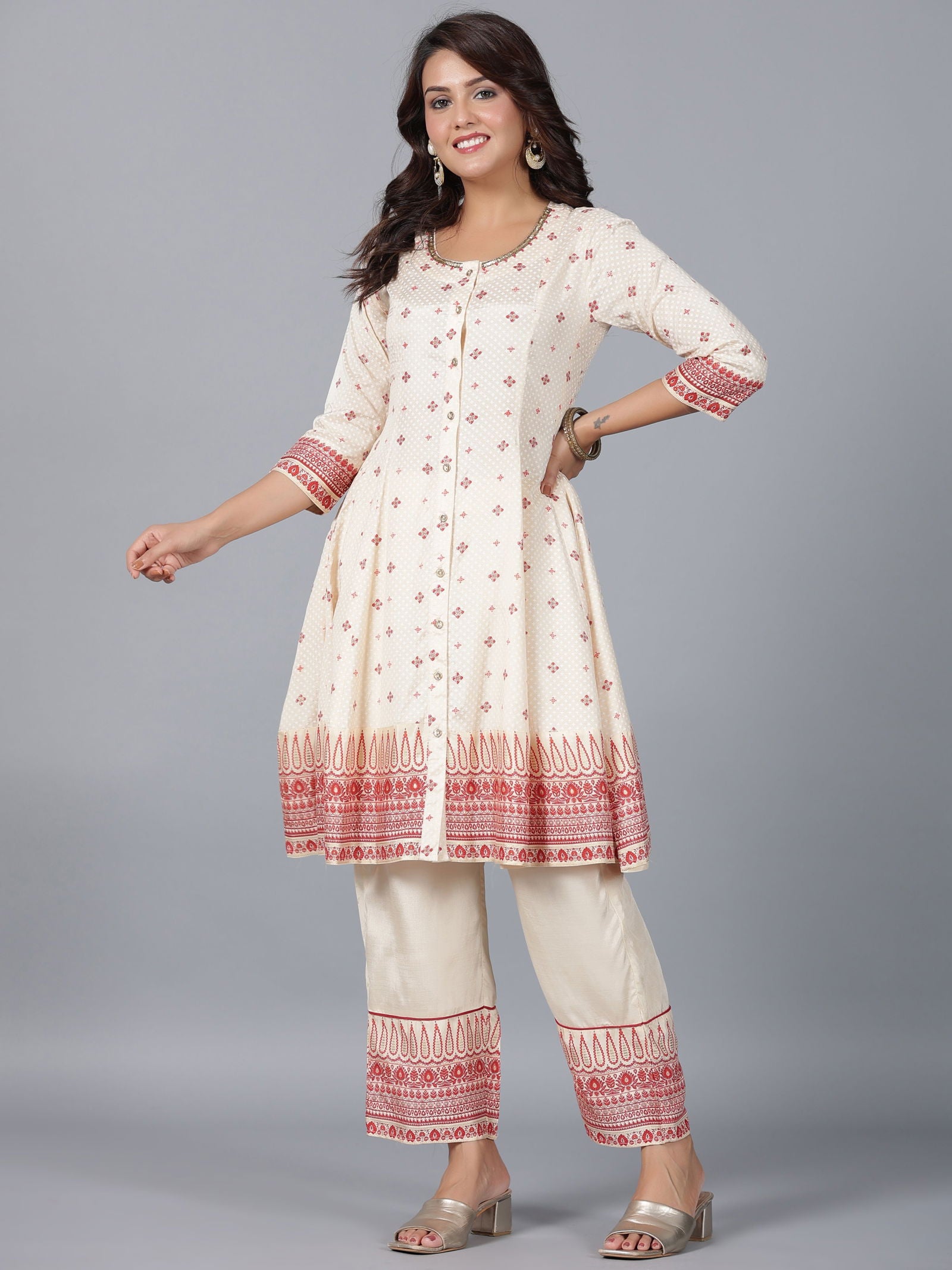 Juniper Beige Ethnic Motif Printed Viscose Shantoon Kurta, Pants & Dupatta Set With Beads & Sequins