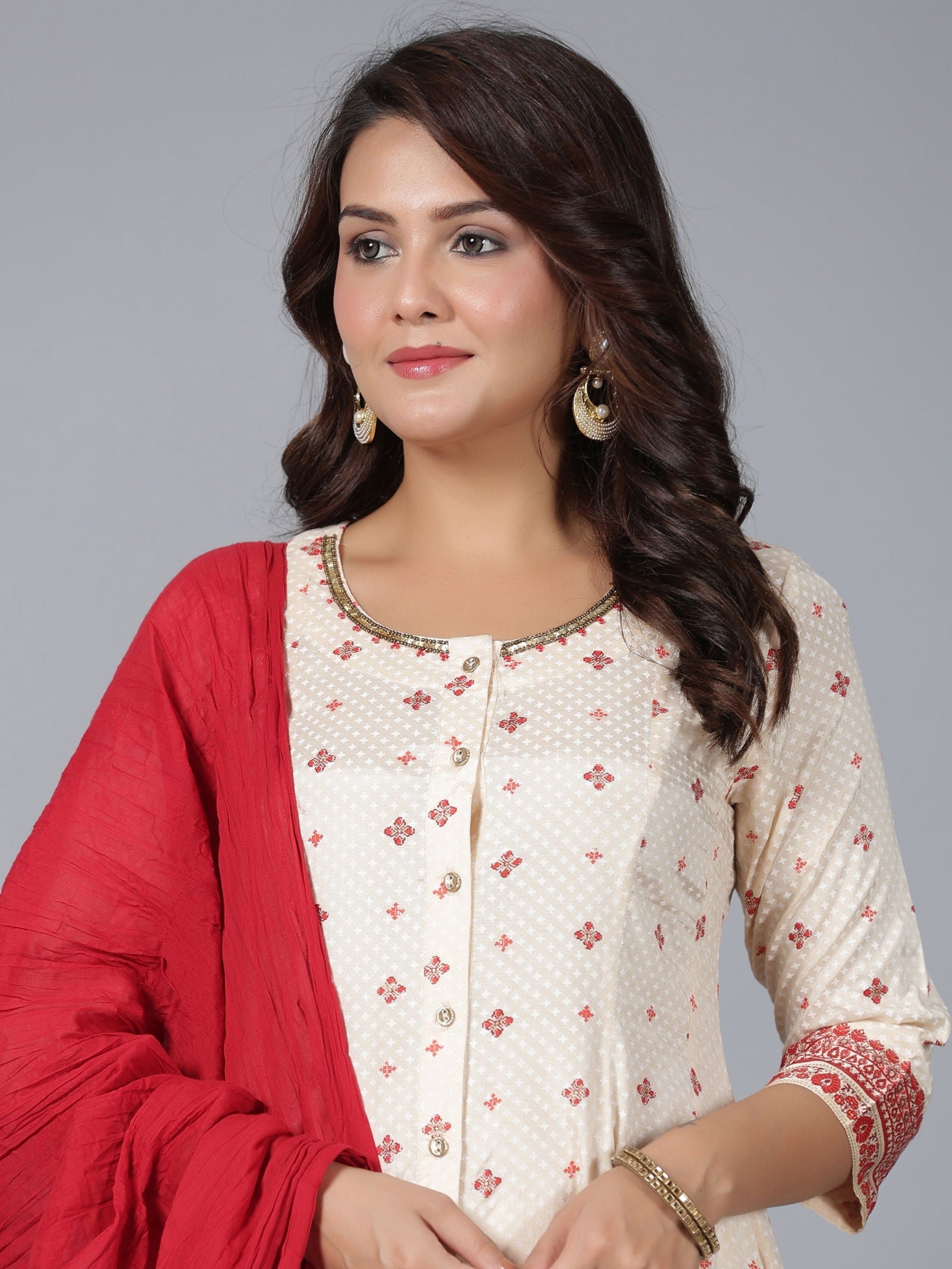 Juniper Beige Ethnic Motif Printed Viscose Shantoon Kurta, Pants & Dupatta Set With Beads & Sequins