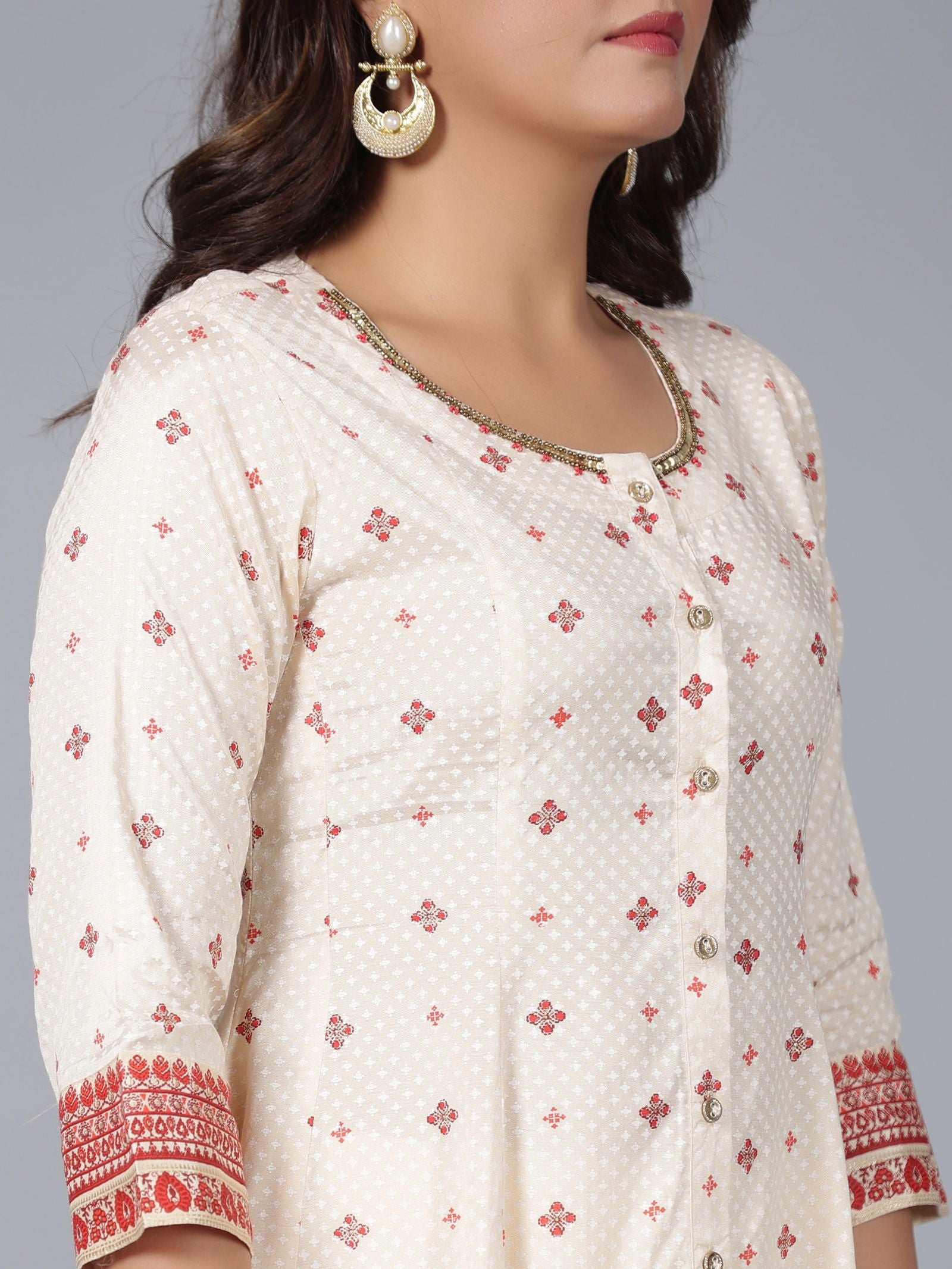 Juniper Beige Ethnic Motif Printed Viscose Shantoon Kurta, Pants & Dupatta Set With Beads & Sequins