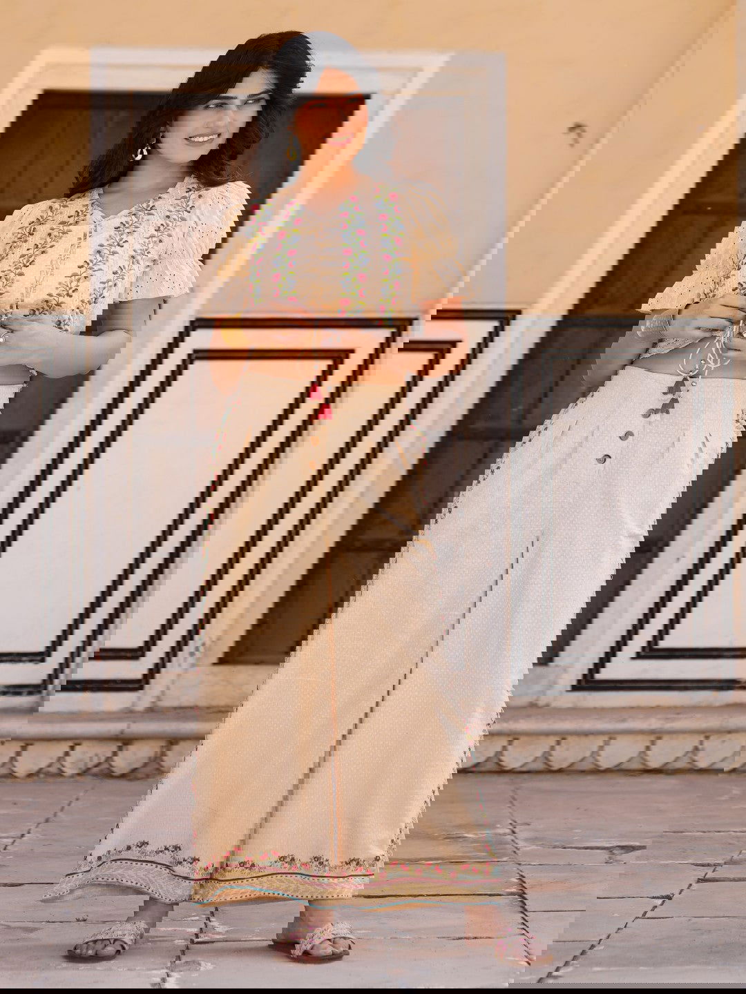 Juniper Beige Floral Printed Pure Cotton Crop Top & Pants With Thread Work Embroidery