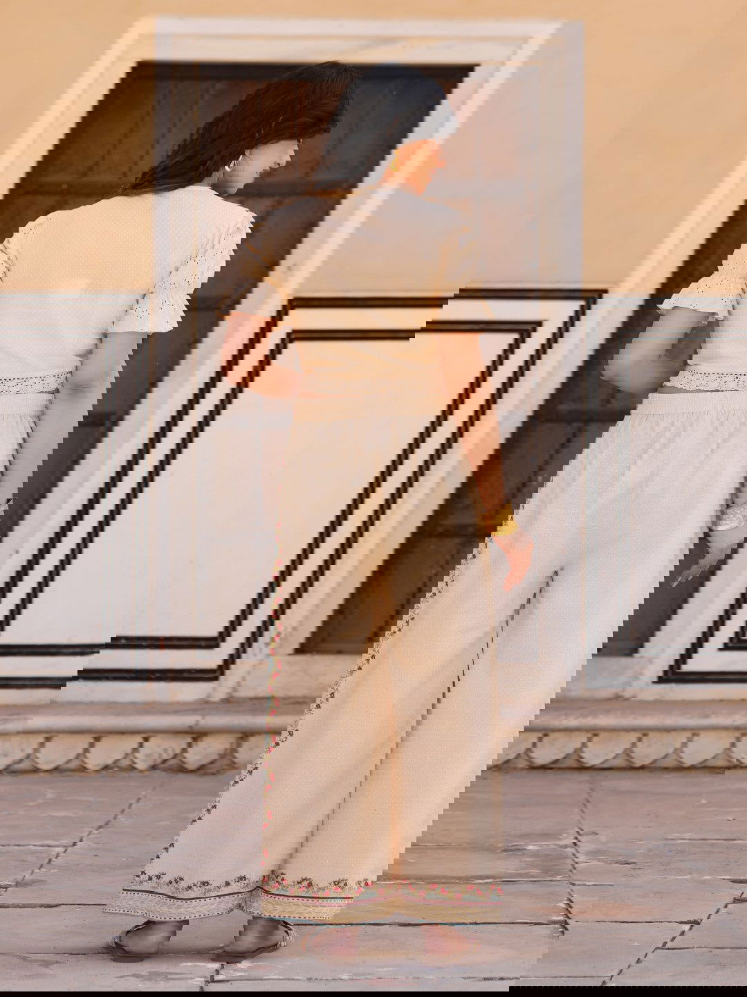 Juniper Beige Floral Printed Pure Cotton Crop Top & Pants With Thread Work Embroidery