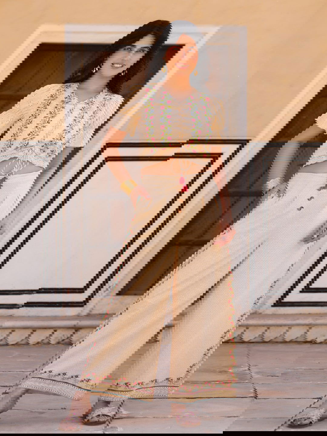 Juniper Beige Floral Printed Pure Cotton Crop Top & Pants With Thread Work Embroidery