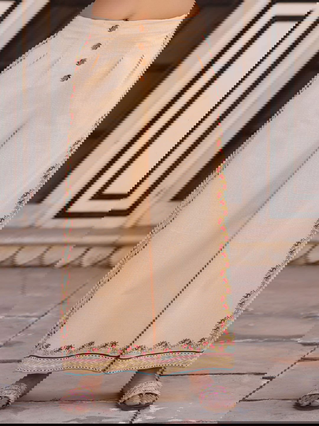 Juniper Beige Floral Printed Pure Cotton Crop Top & Pants With Thread Work Embroidery