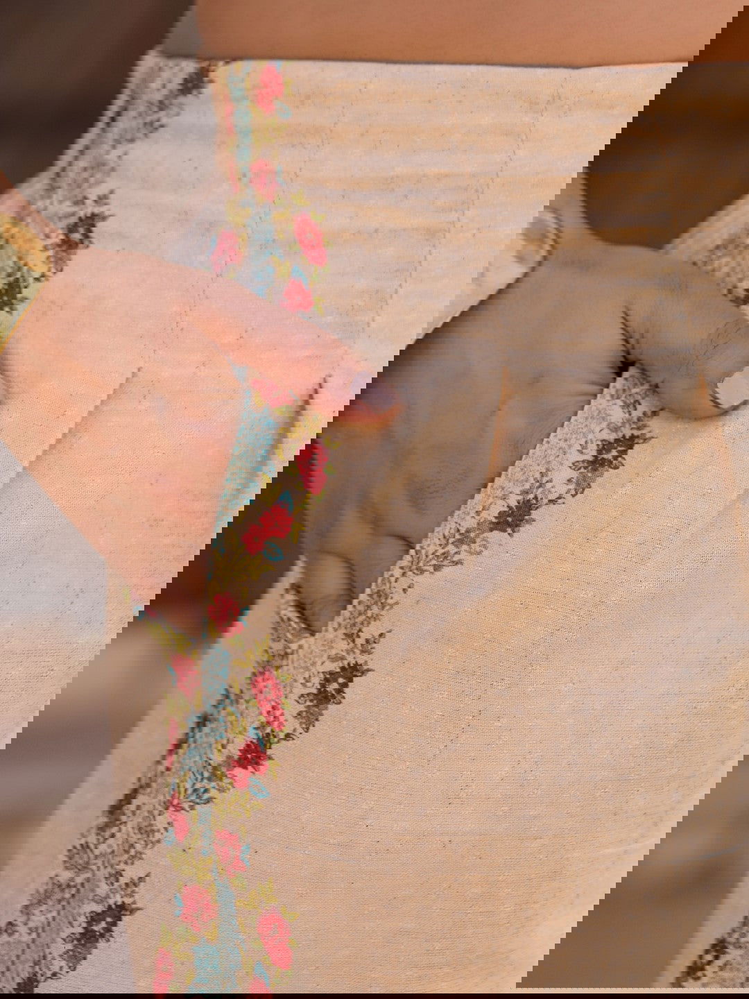 Juniper Beige Floral Printed Pure Cotton Crop Top & Pants With Thread Work Embroidery